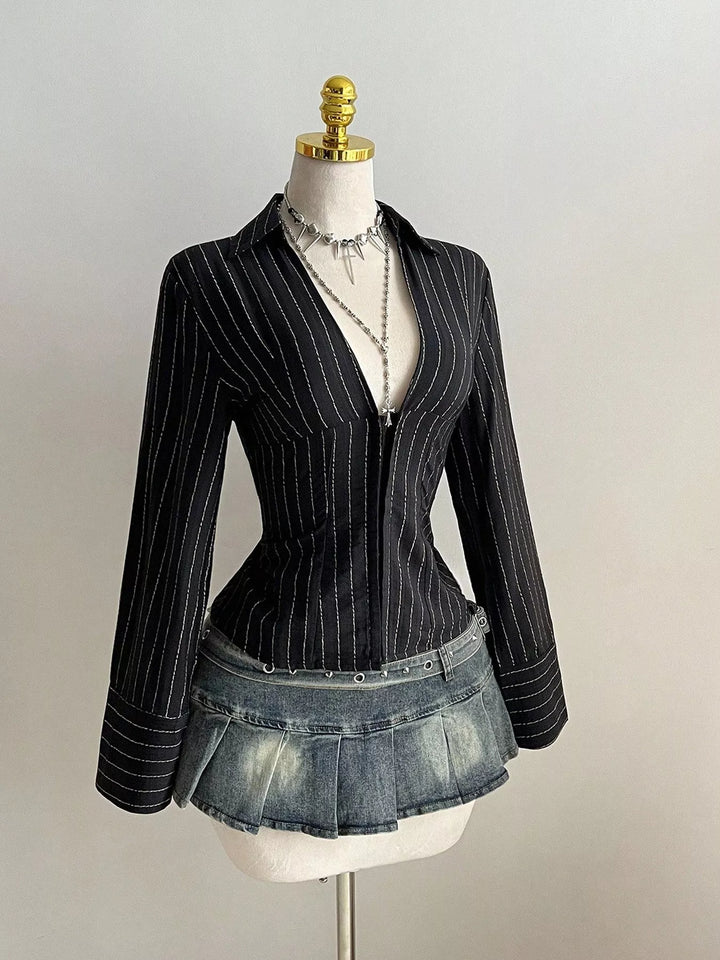 Striped Long Sleeve Fitted Blouse
