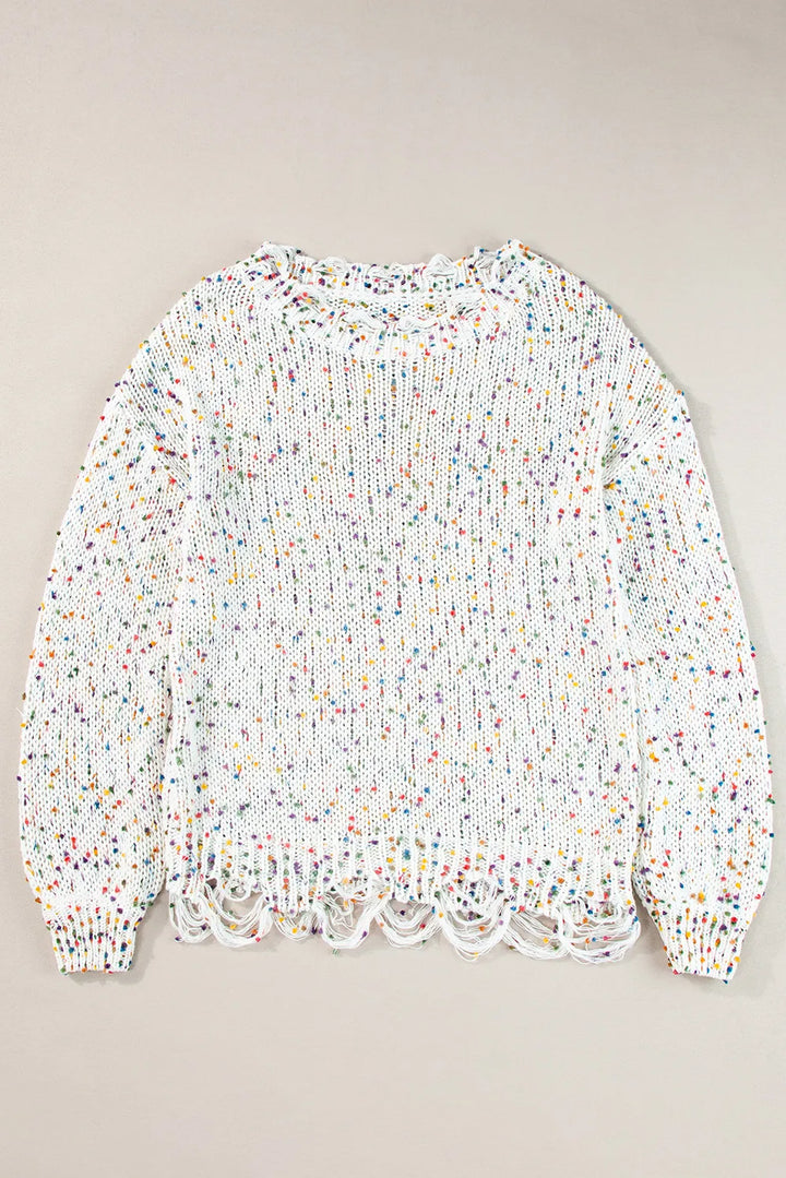 Confetti Distressed Hem Long Sleeve Sweater