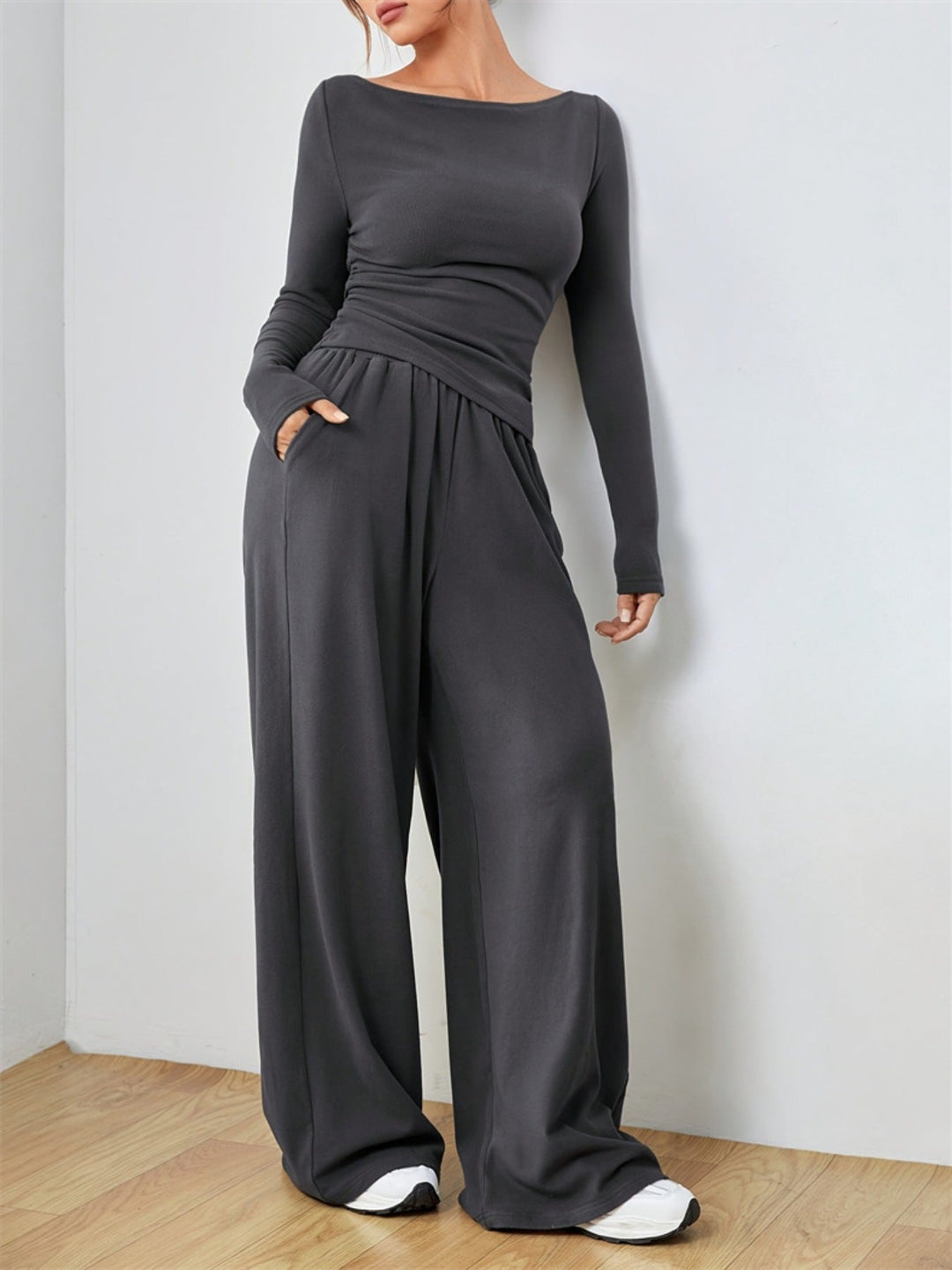 Casual Long Sleeve Top & Wide Leg Pants Set