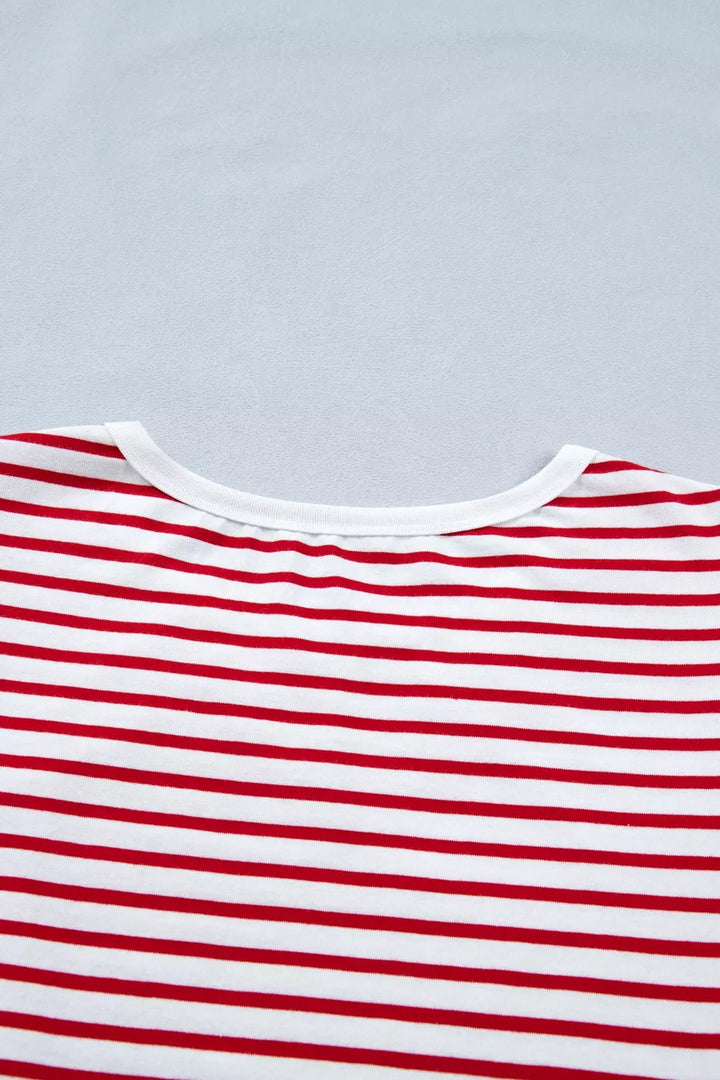 Stripe Contrast Trim Round Neck Short Puff Sleeve T Shirt