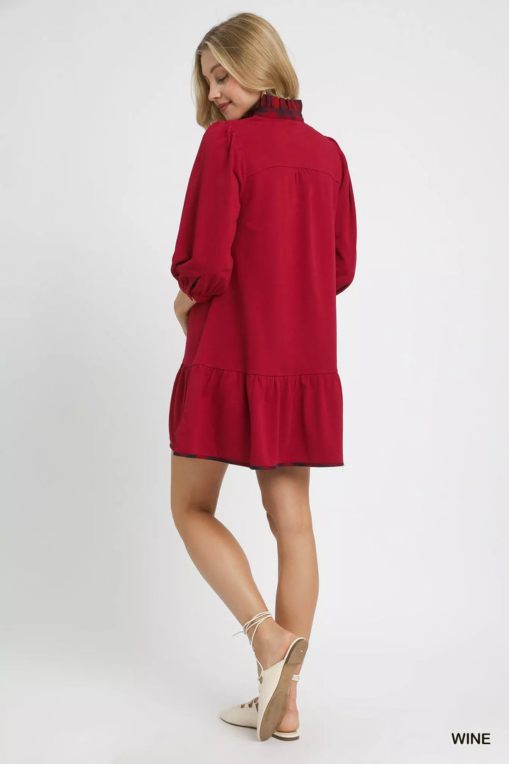 Umgee French Terry Ruffle Hem Dress with Plaid Trim