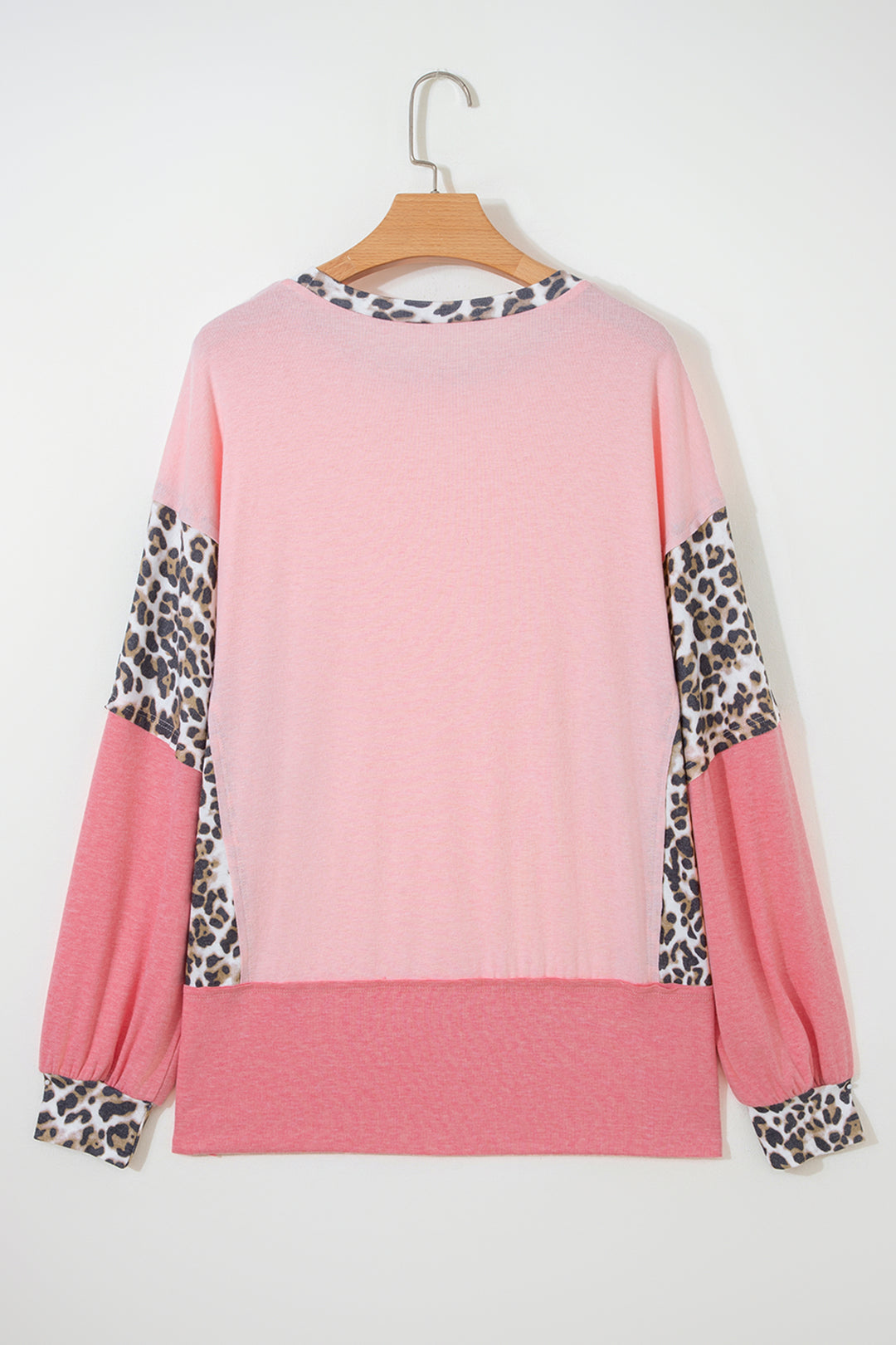 Light Pink Color Block Leopard Patchwork Dolman Sleeve High Low Baggy Sweatshirt