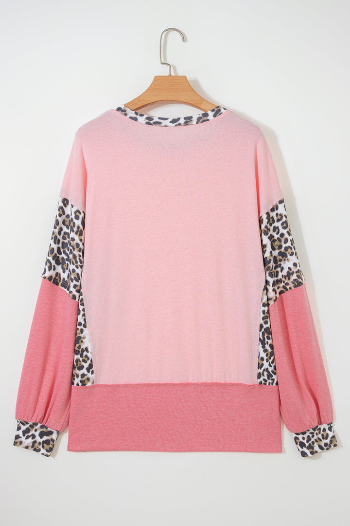 Light Pink Color Block Leopard Patchwork Dolman Sleeve High Low Baggy Sweatshirt