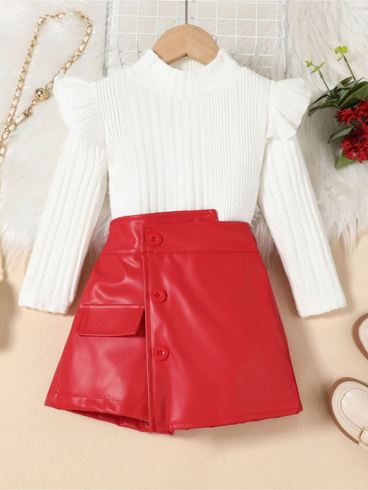 Children's Ribbed Knit Top and Leather Skirt Set