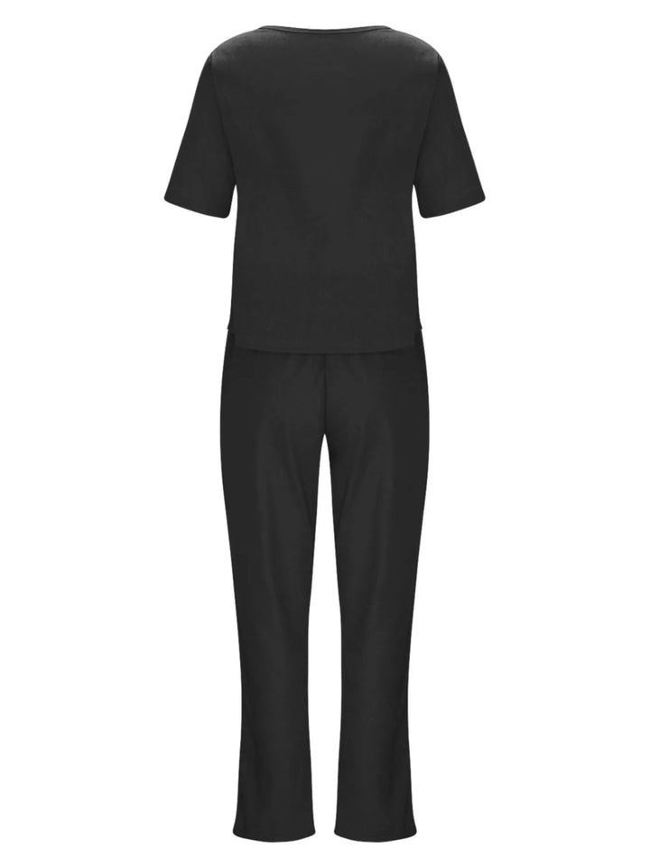 Full Size Round Neck Short Sleeve Top and Pants Set Plus Size
