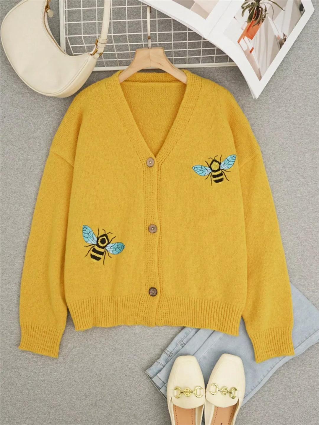Bee Embroidered Button-Down Cardigan