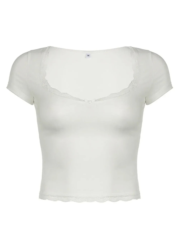 Lace Detail Sweetheart Neck Short Sleeve T-Shirt