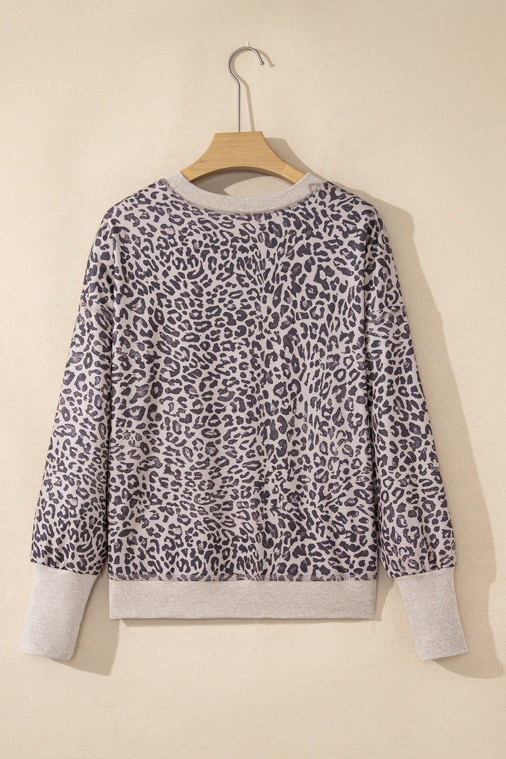 Khaki Leopard Print Patchwork Crew Neck Sweatshirt