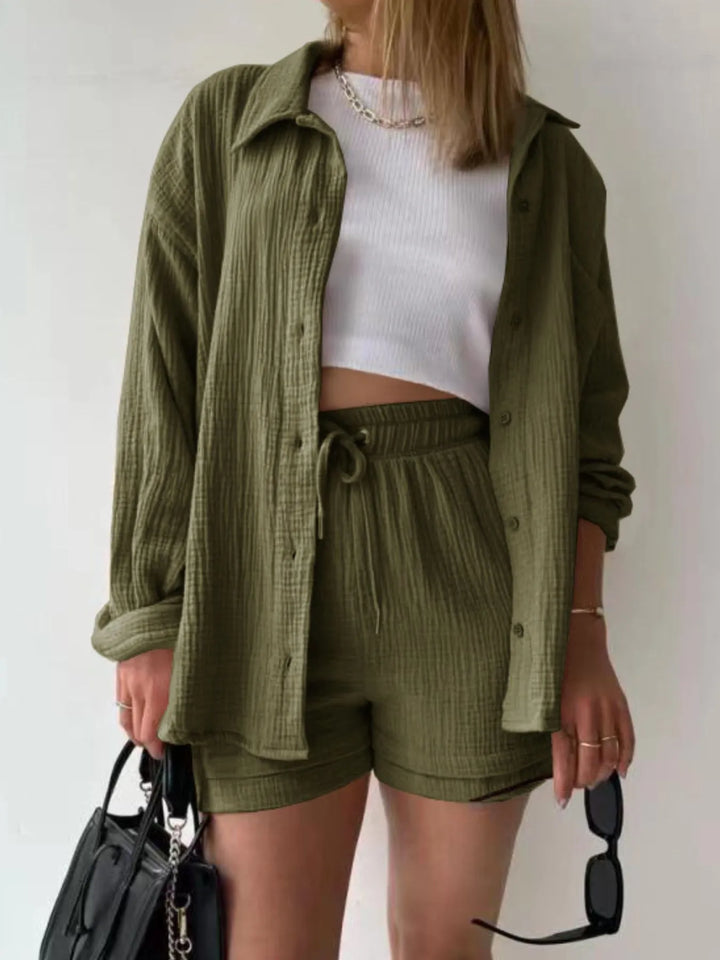 Textured Button Up Shirt and Shorts Set