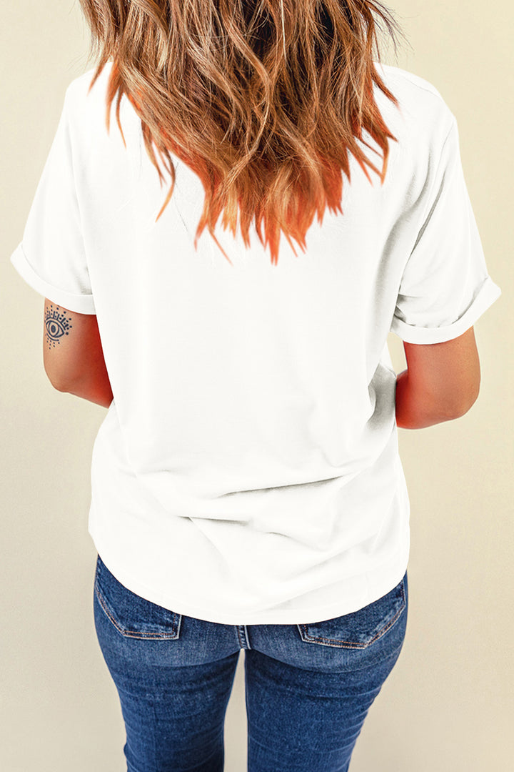 White Patriotic Bow Faux Lace Denim Patchwork Printed T Shirt