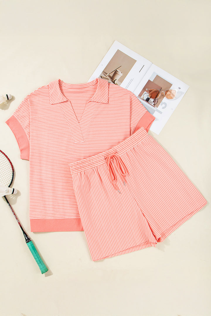 Orange Stripe Loose Polo T Shirt and Shorts Plus Size 2pcs Outfit