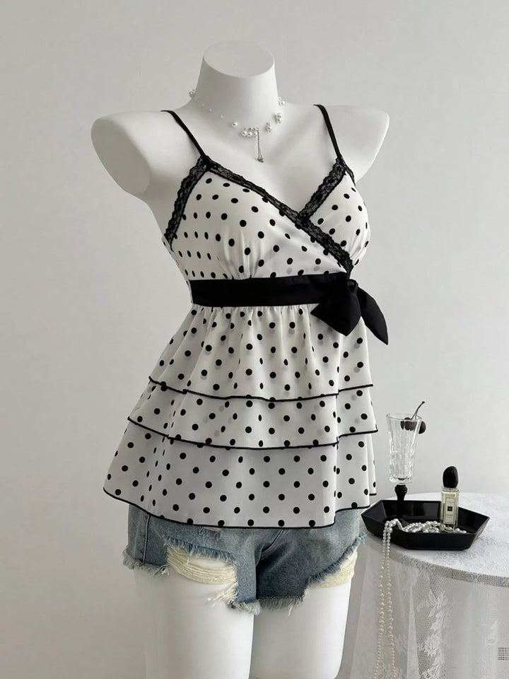 Polka Dot Ruffle Hem Cami with Lace Trim