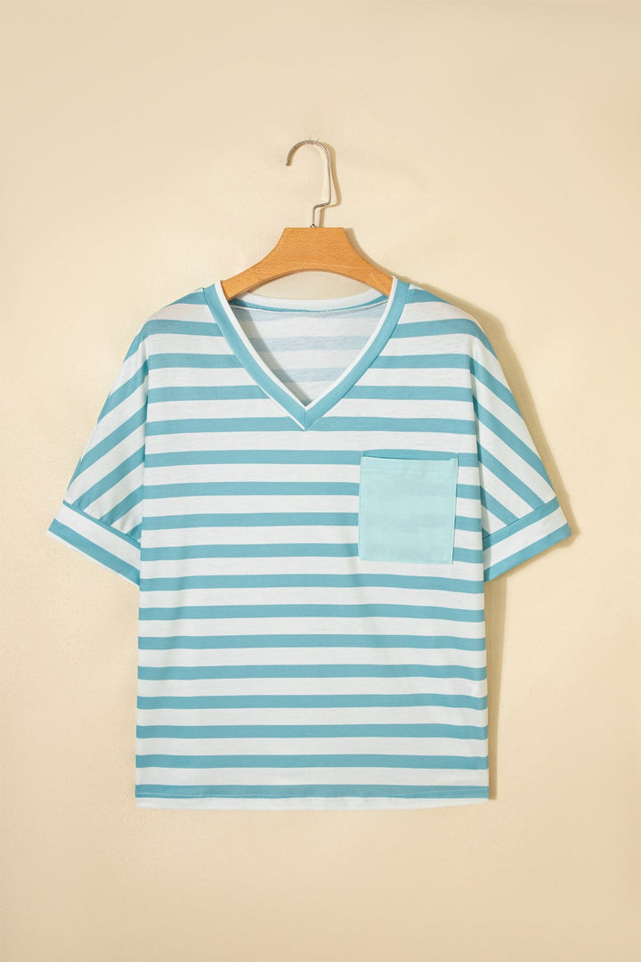 Stripe V Neck Patched Pocket Casual T Shirt
