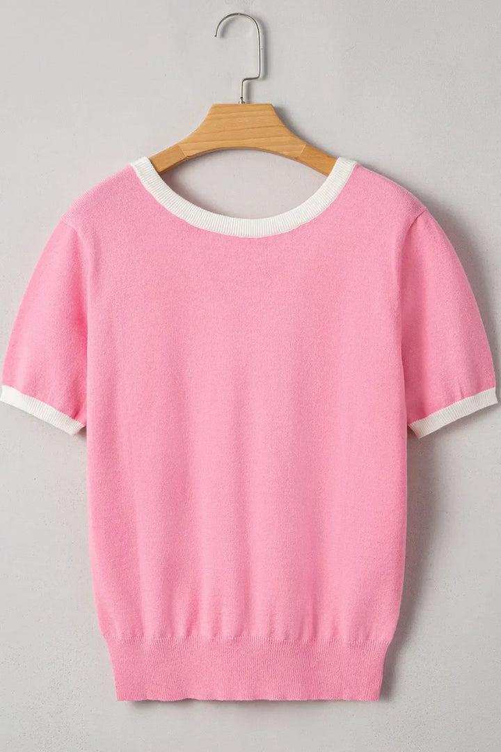 Bow Back Round Neck Short Sleeve Knit Top