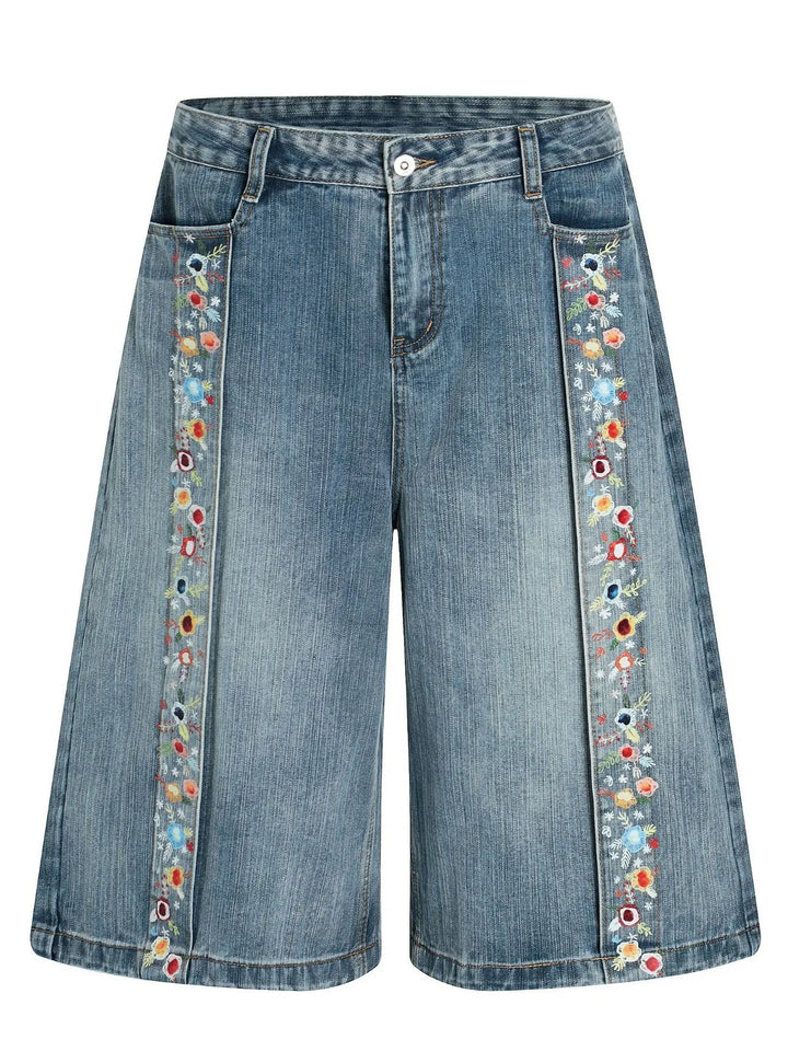 Men's Floral Trim Wide Leg Denim Shorts