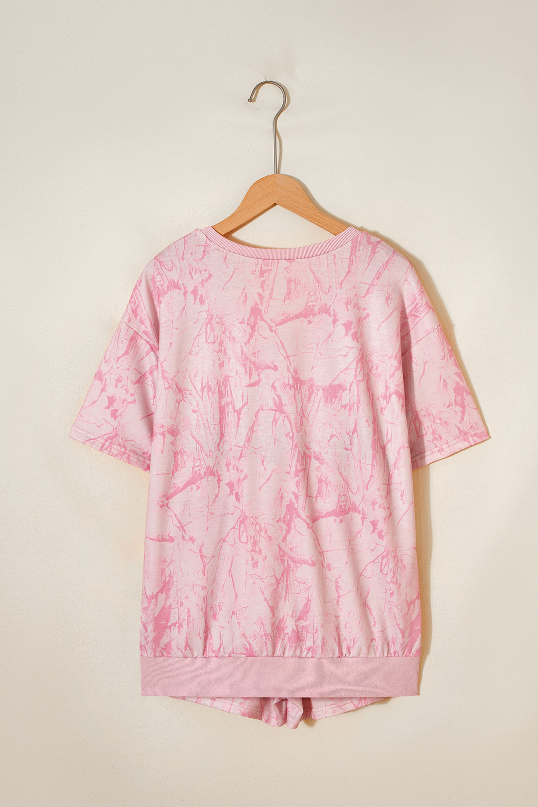 Pink Abstract Print V Neck Loose Tee Drawstring Shorts 2pcs Outfit