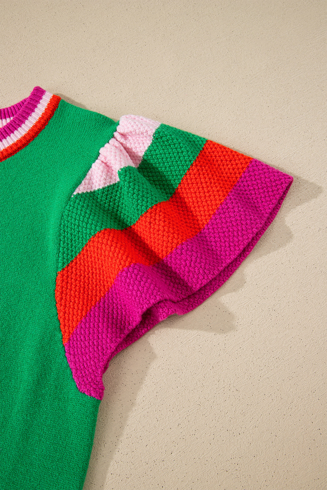 Bright Green Shiny Lucky Striped Flutter Sleeve Round Neck Sweater