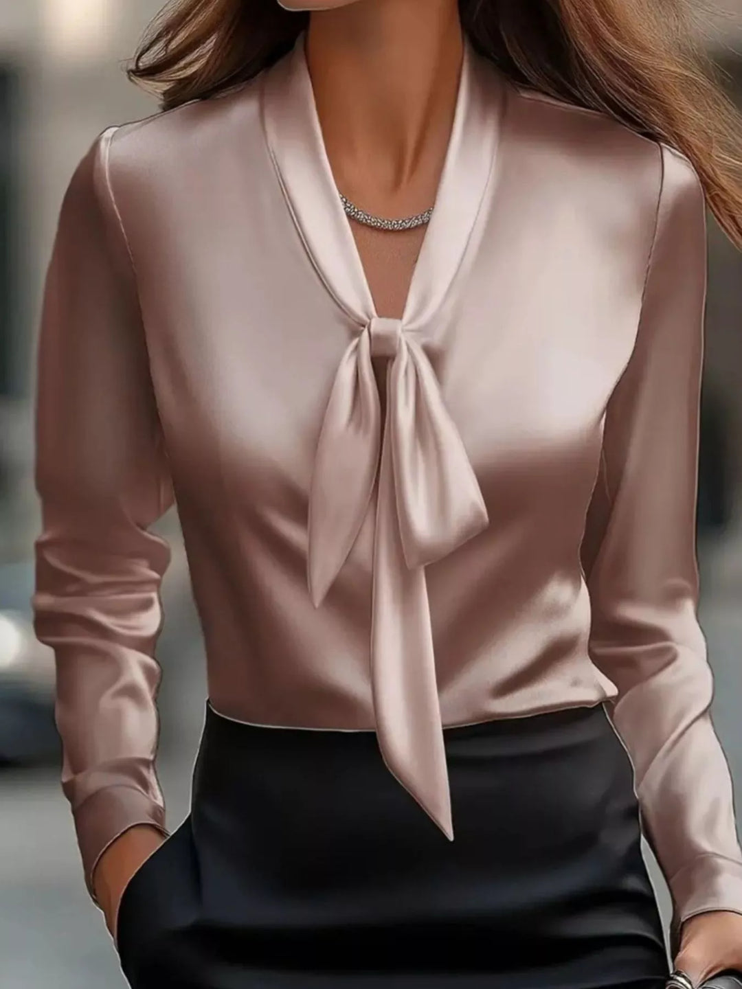 Satin Tie Front Long Sleeve Blouse