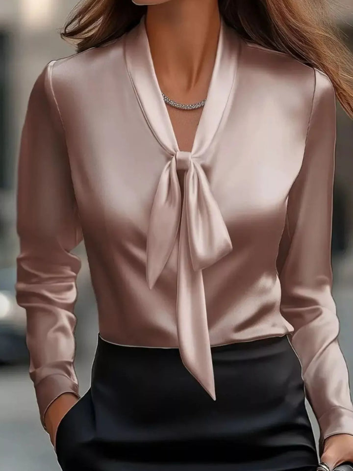Satin Tie Front Long Sleeve Blouse