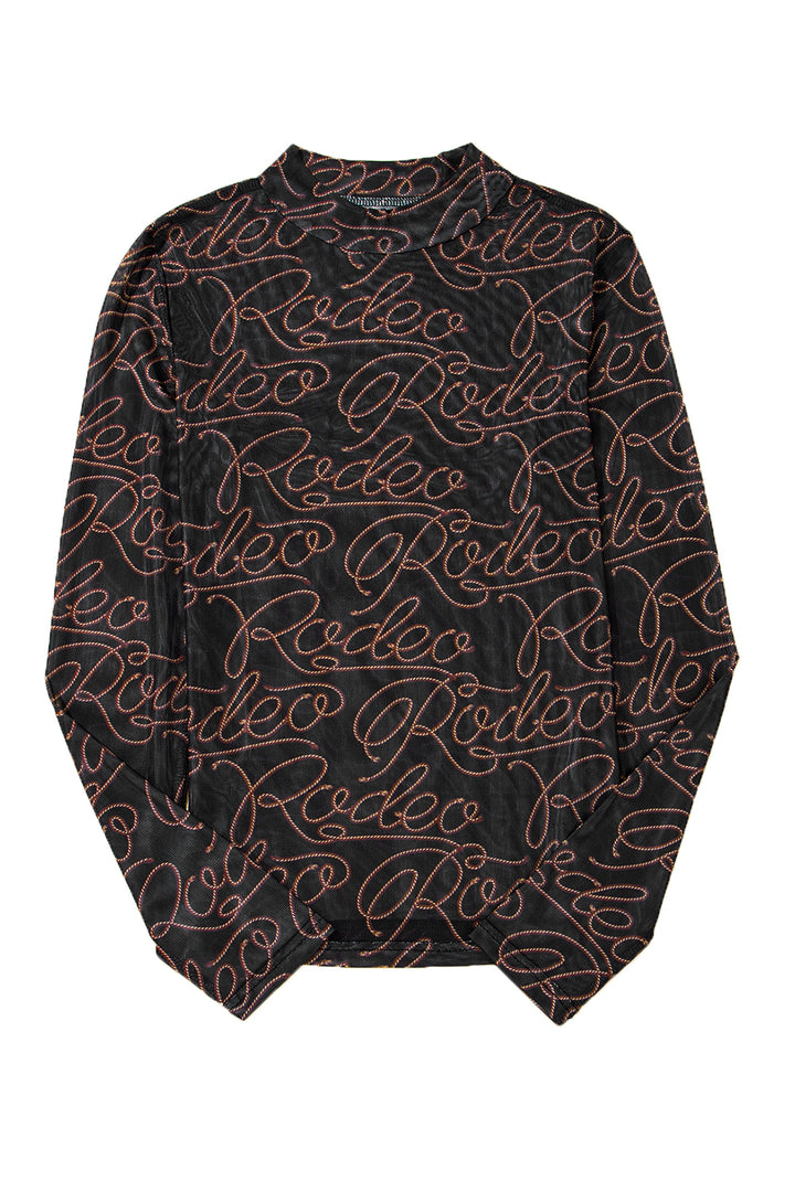 Black Western Rodeo Printed Mock Neck Long Sleeve Mesh Top