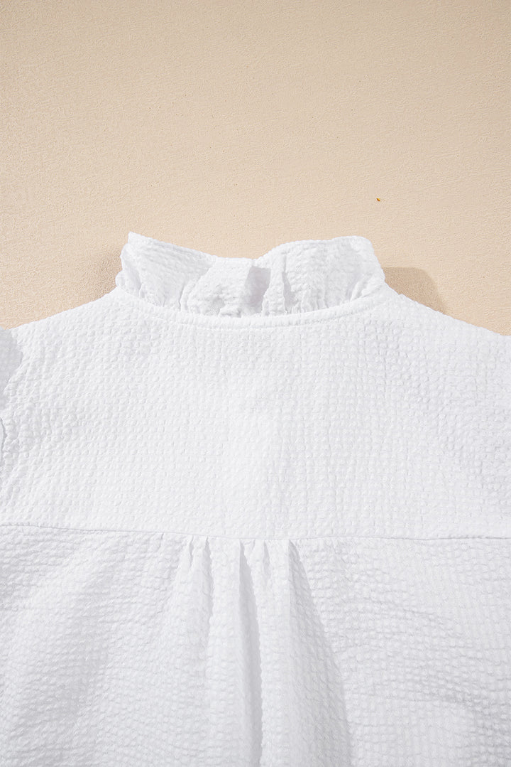 White Striped Ruffle Short Bubble Sleeve Shirt