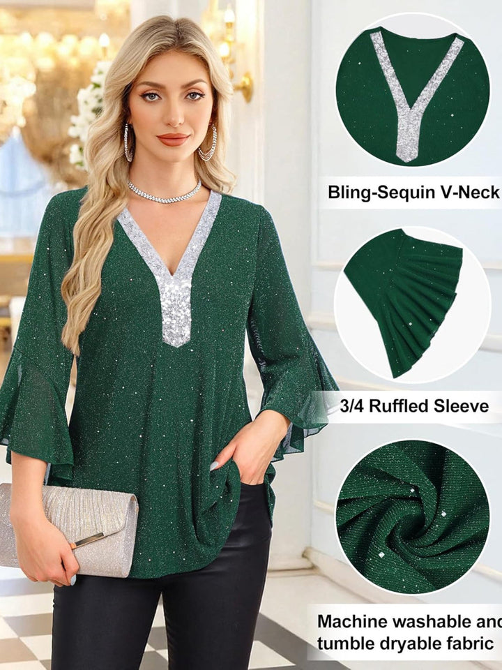 Sequin V-Neck Flounce Sleeve Blouse