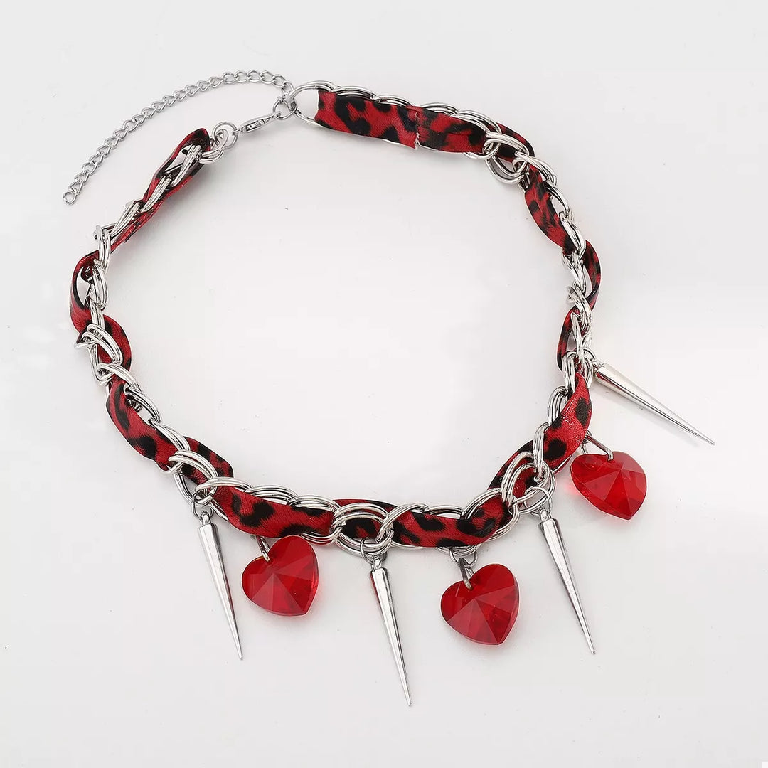 Heart Charm Choker Necklace with Metal Spikes