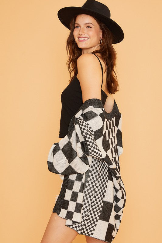 Back To School Sweater - Annie Wear Checkered Open Front Drop Shoulder Cardigan