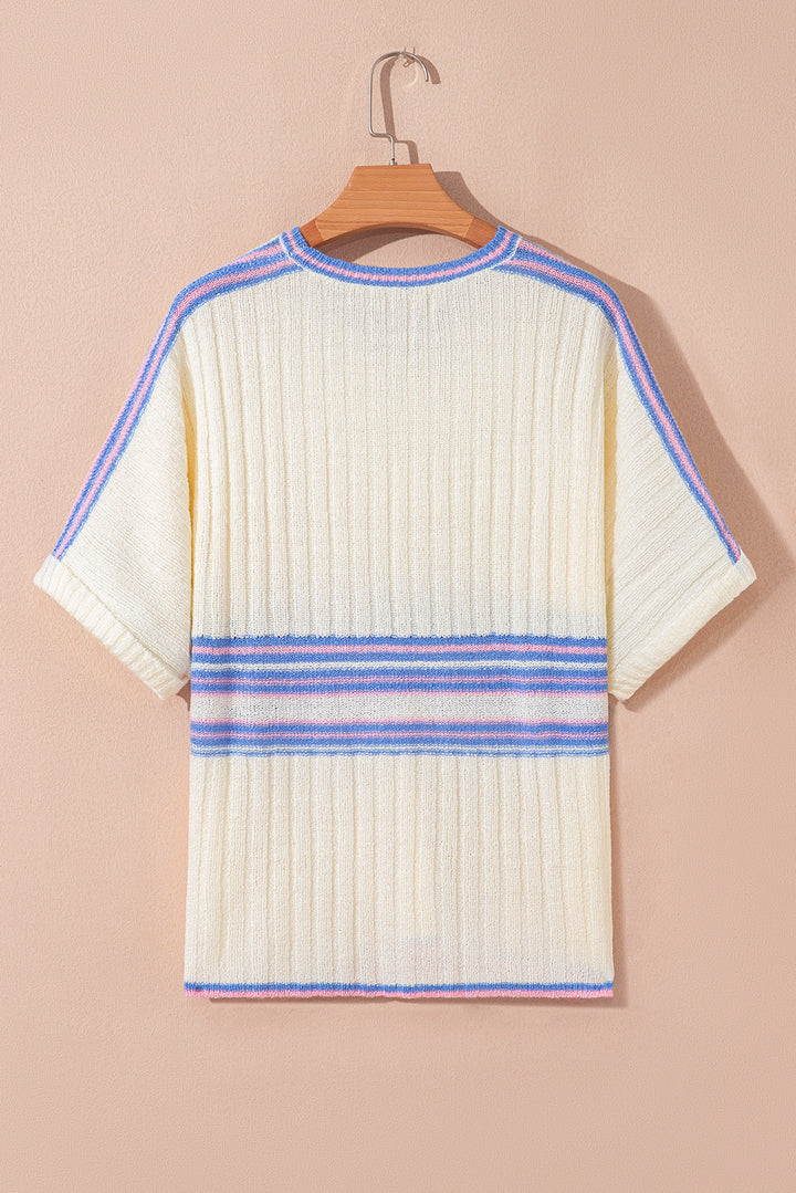 White Striped V Neck Dolman Sleeve Rib Knit Oversized Sweater with Slits