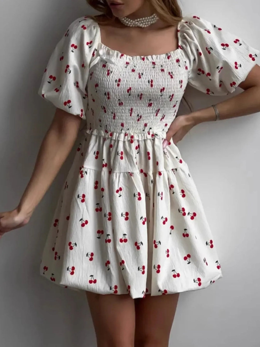 Puff Sleeve Cherry Print Smocked Mini Dress