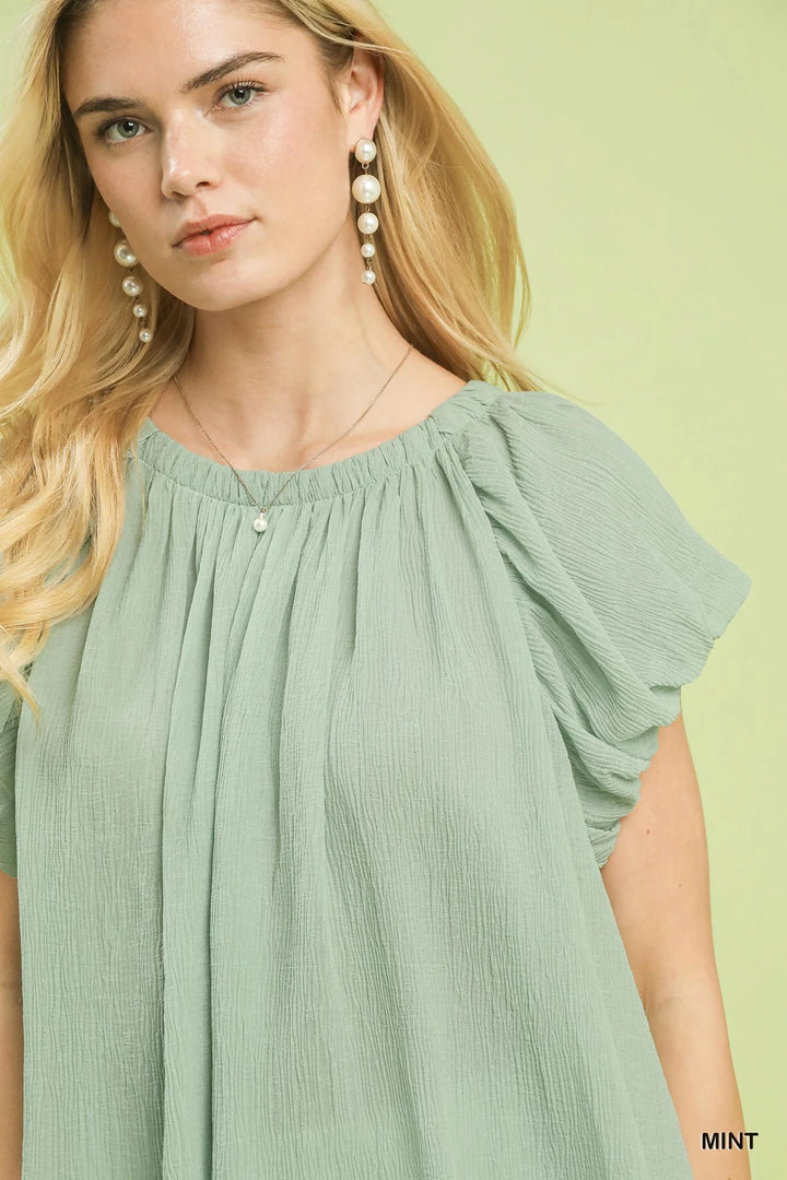 Umgee Crinkle Flutter Sleeve Peasant Top