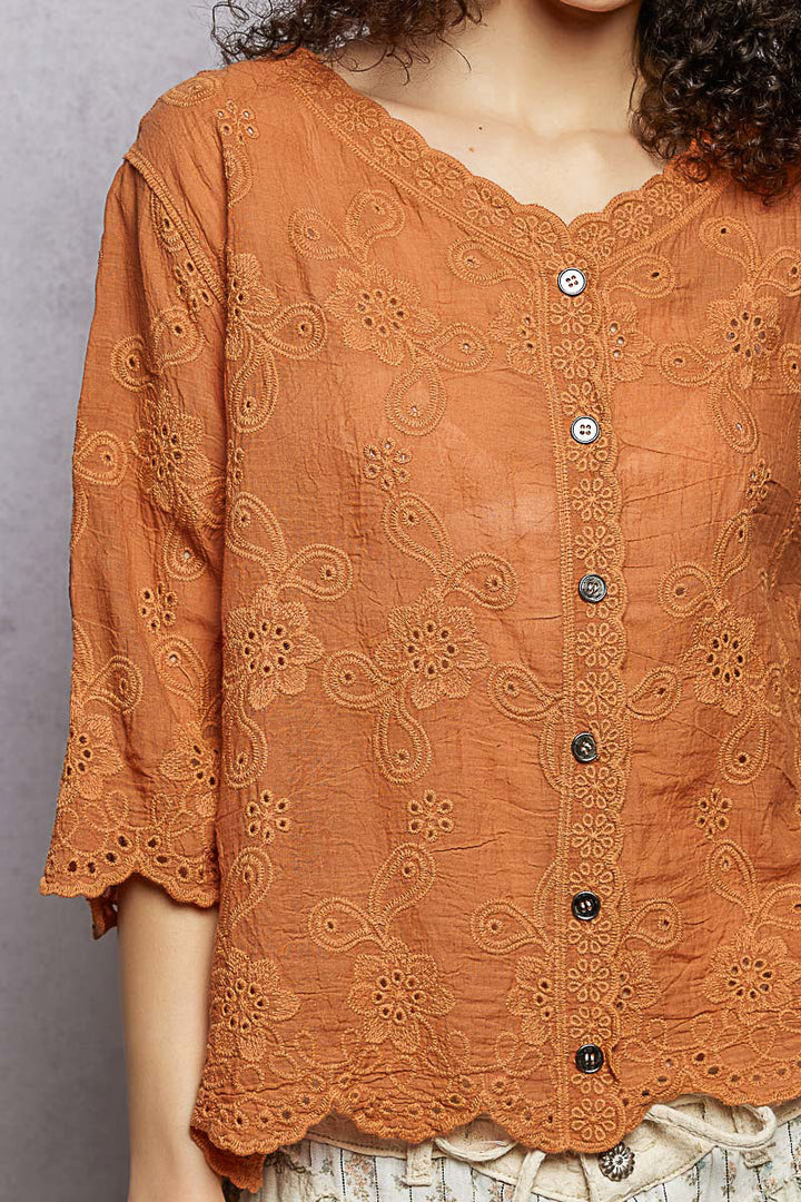 POL Floral Eyelet V-Neck Salloped Shirt