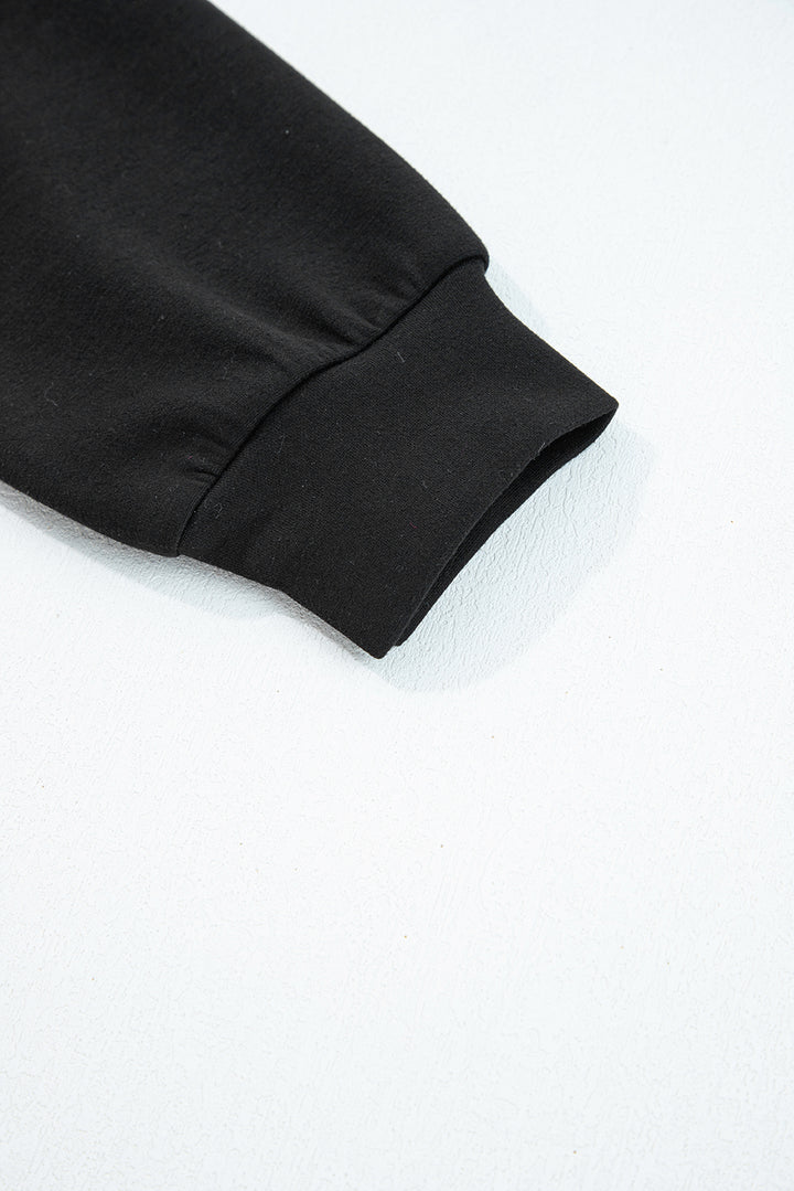 Black Zip Collar Long Sleeve Top Drawstring Pants Set