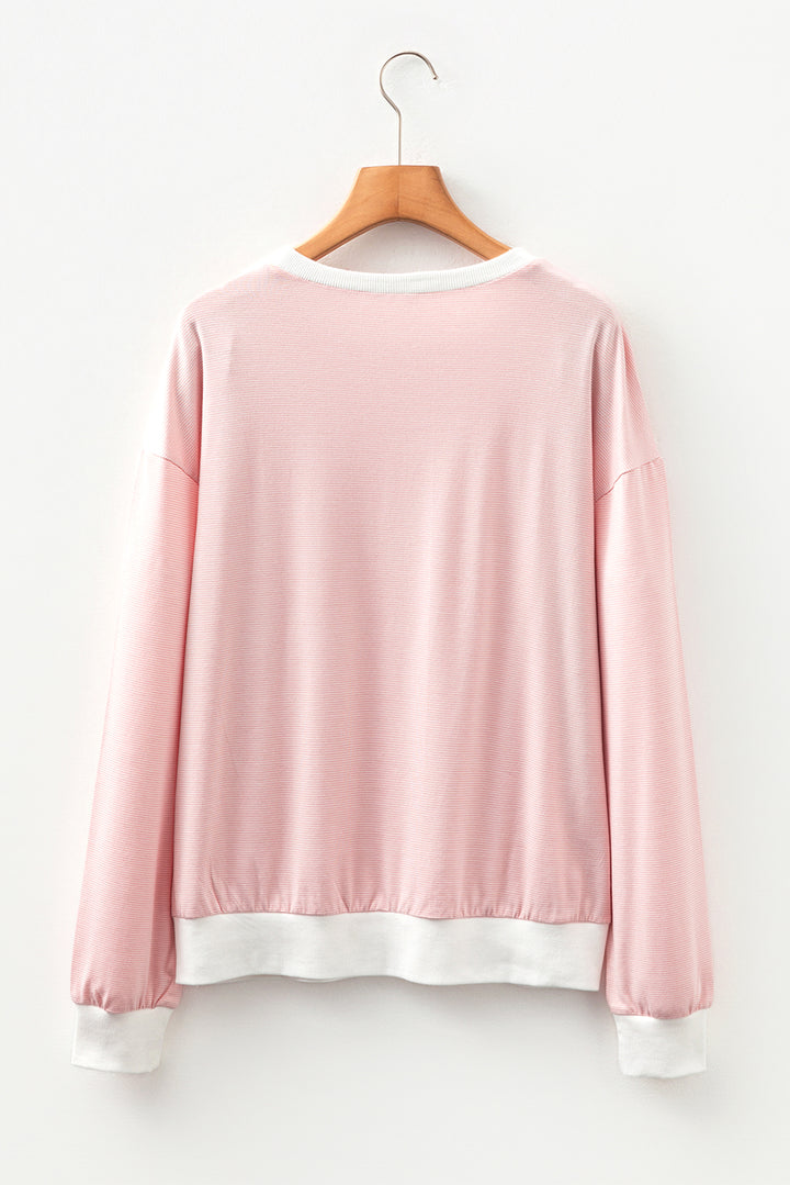 Pink Stripe Contrast Edge Patchwork Long Sleeve Top