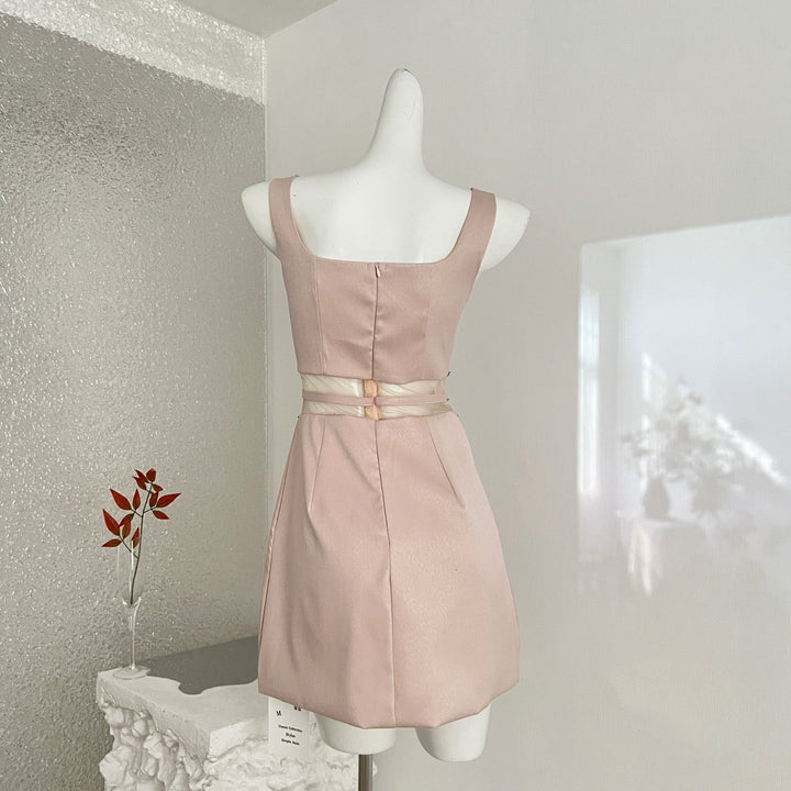 Blush Tone Sleeveless Rhinestone Collar Bow Waist Bridesmaid Cocktail Dress