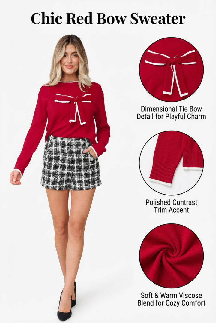 Fiery Red Contrast Trim Big Bow Accent Holiday Cropped Sweater
