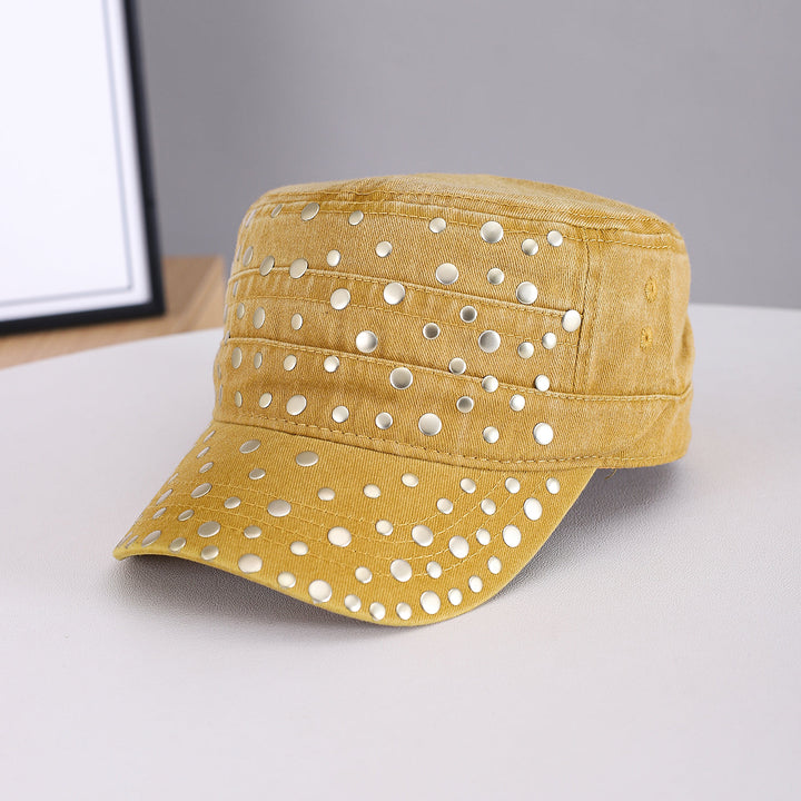 Men's And Women's Metal Rivet Decorated Washed And Distressed Material Flat-top Style Retro Punk Hat. Suitable For Daily Street Wear In School Settings.