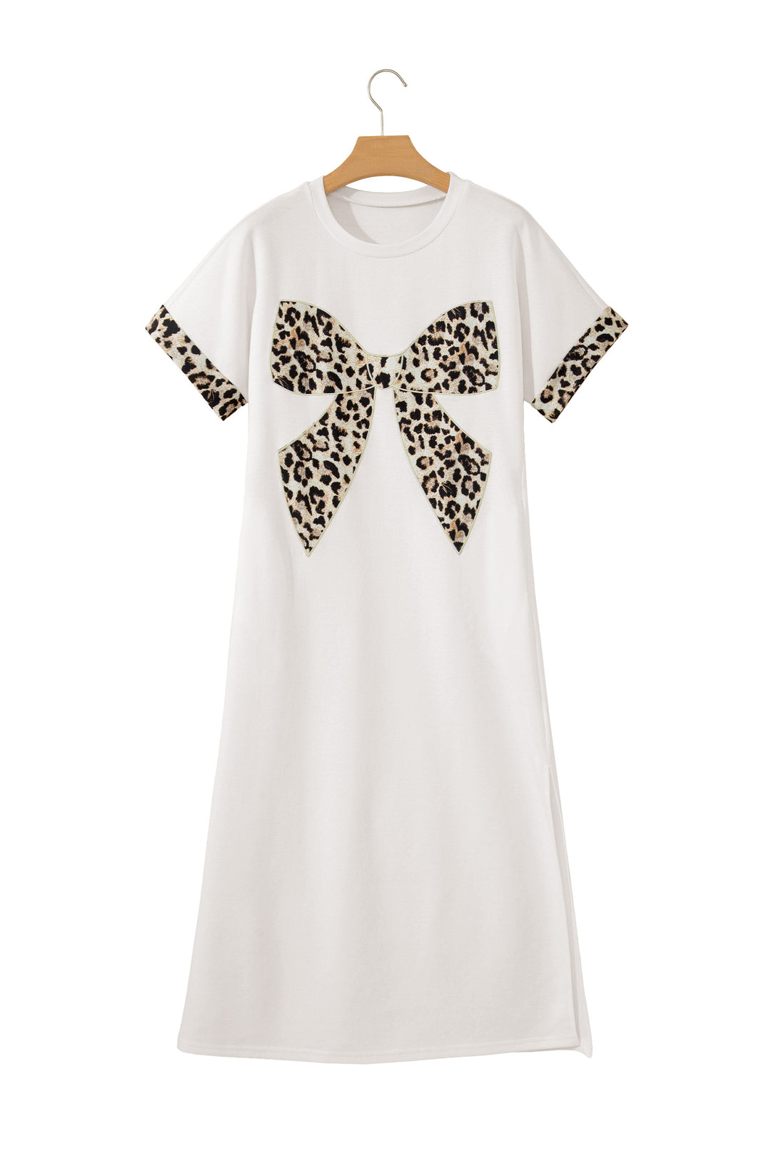 White Contrast Leopard Bow Patched Short Sleeve T Shirt Long Dress