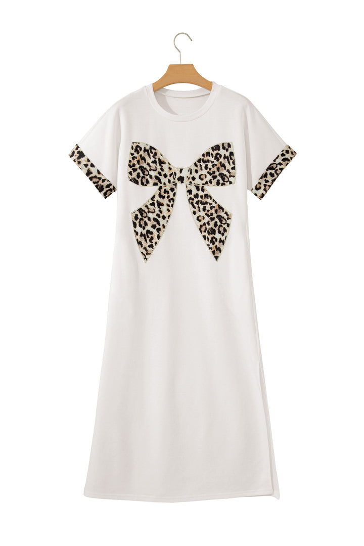 White Contrast Leopard Bow Patched Short Sleeve T Shirt Long Dress