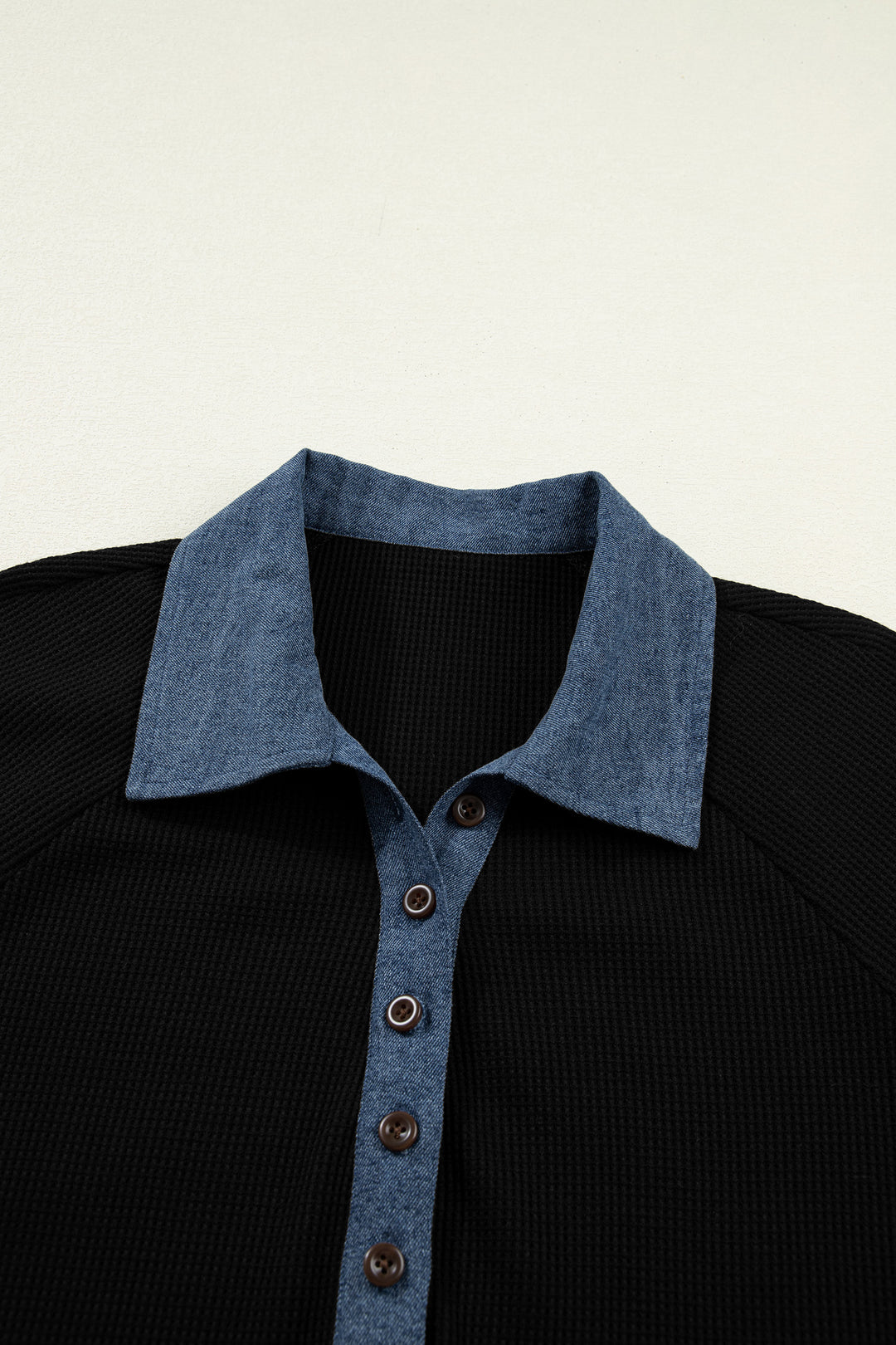 Black Textured Knit Denim Patchwork Button Collar Long Sleeve Top