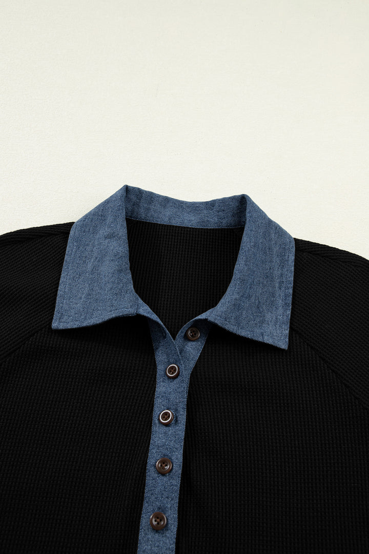 Black Textured Knit Denim Patchwork Button Collar Long Sleeve Top