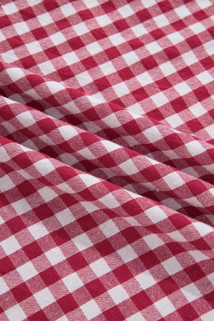 Gingham Puff Sleeve Quarter Zip Blouse