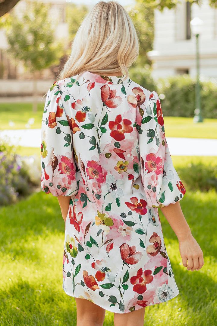 Red Floral Contrast Striped V Neck Puff Half Sleeve Shift Dress