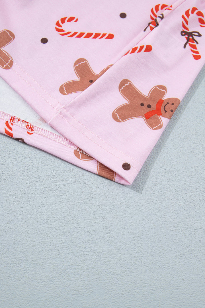 Pink Short Sleeve Placket Shell Button Elastic Waist Lounge Set