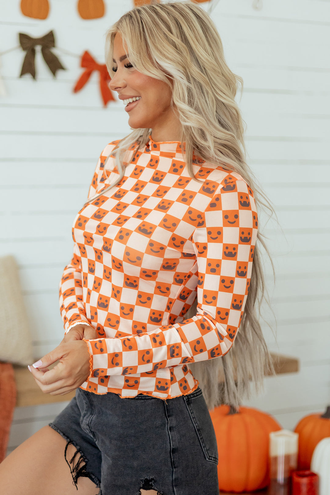Orange Abstract Halloween Pattern Long Sleeve Stand Neck Shift Blouse