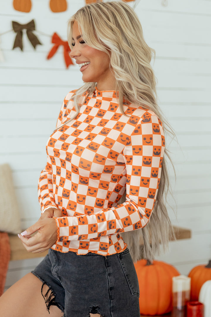 Orange Abstract Halloween Pattern Long Sleeve Stand Neck Shift Blouse