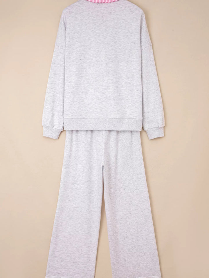 Contrasted Trim Frilled Collar Drop Shoulder Top and Drawstring Pant Set