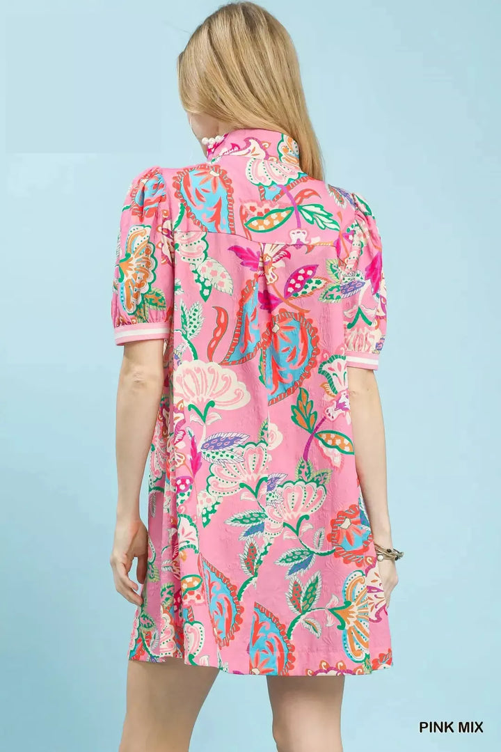 Umgee Jacquard Paisley Print Puff Sleeve Tunic Dress