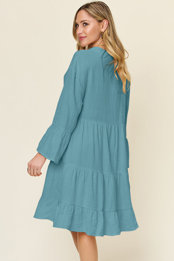 Textured Button-Down Ruffle Hem Dress