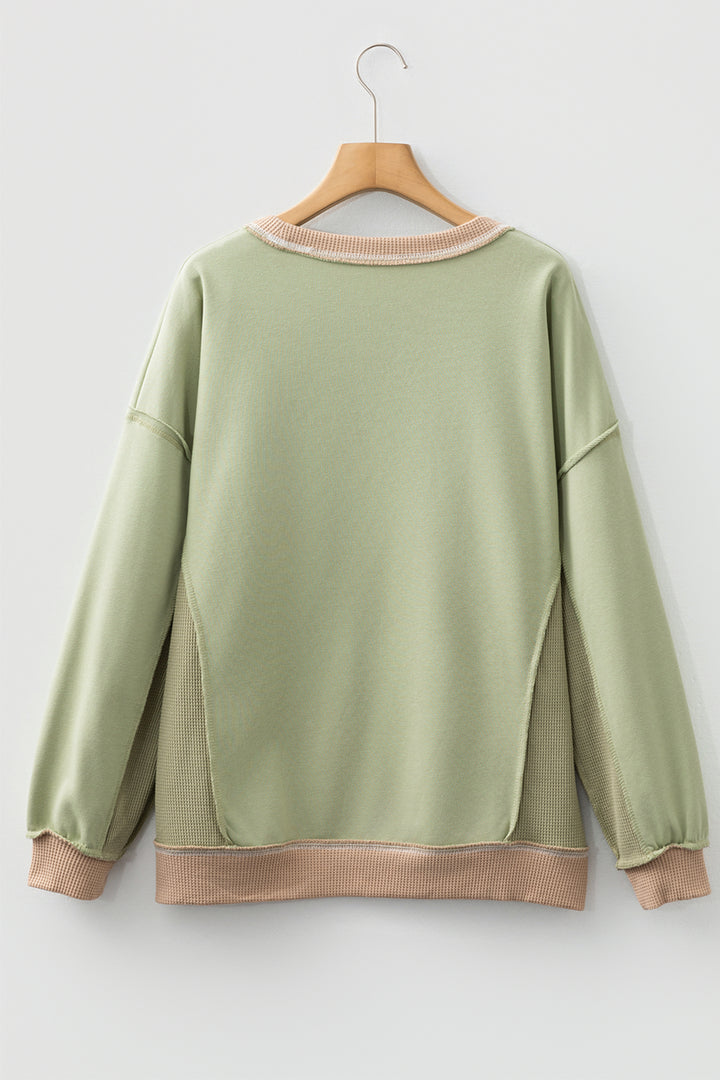 Smoke Green Waffled Color Block St Patricks Day Clover Patched Baggy Sweatshirt